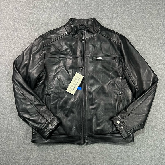 Boston Harbour Mens Biker Jacket Large Black New Zealand Lamb Leather Full Zip - Picture 1 of 8